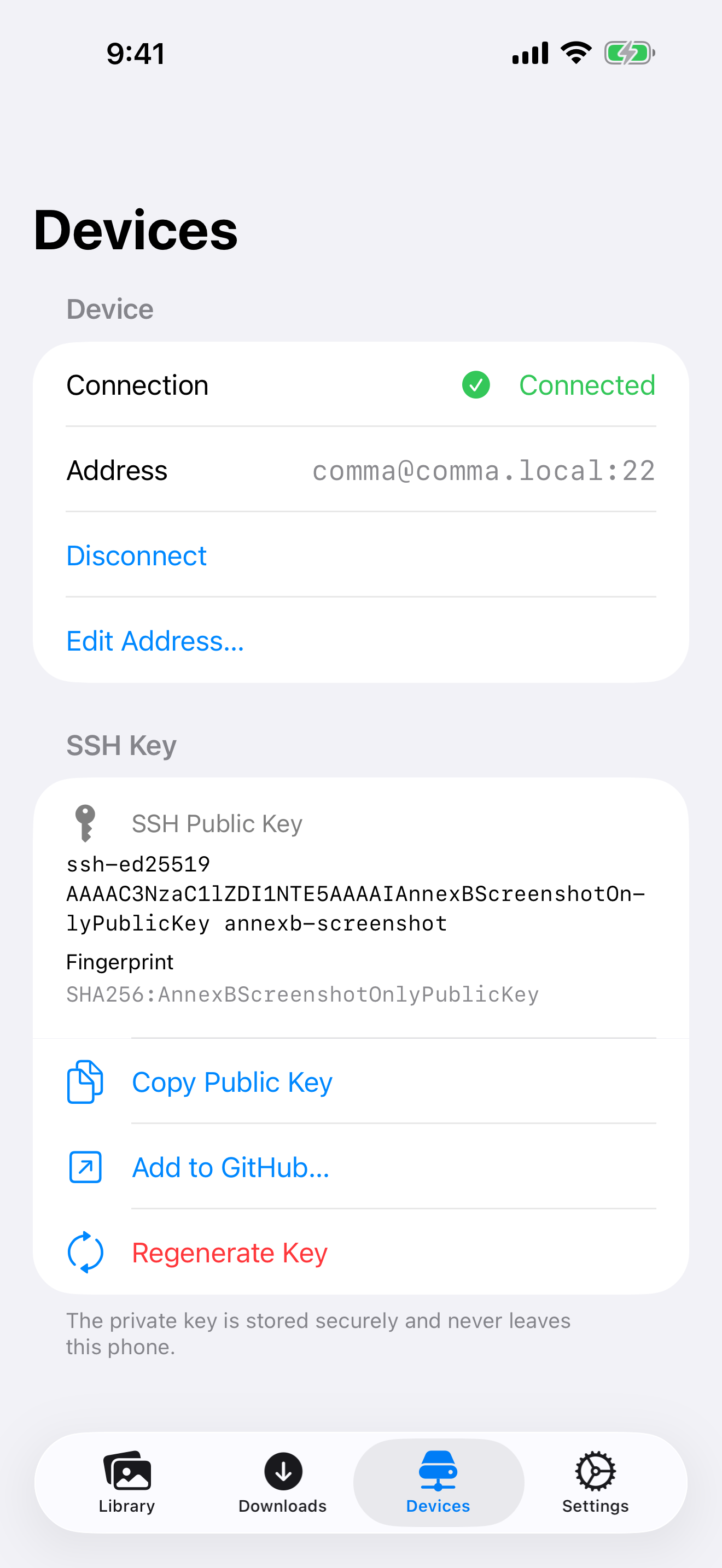 Annex B connected device and SSH key settings